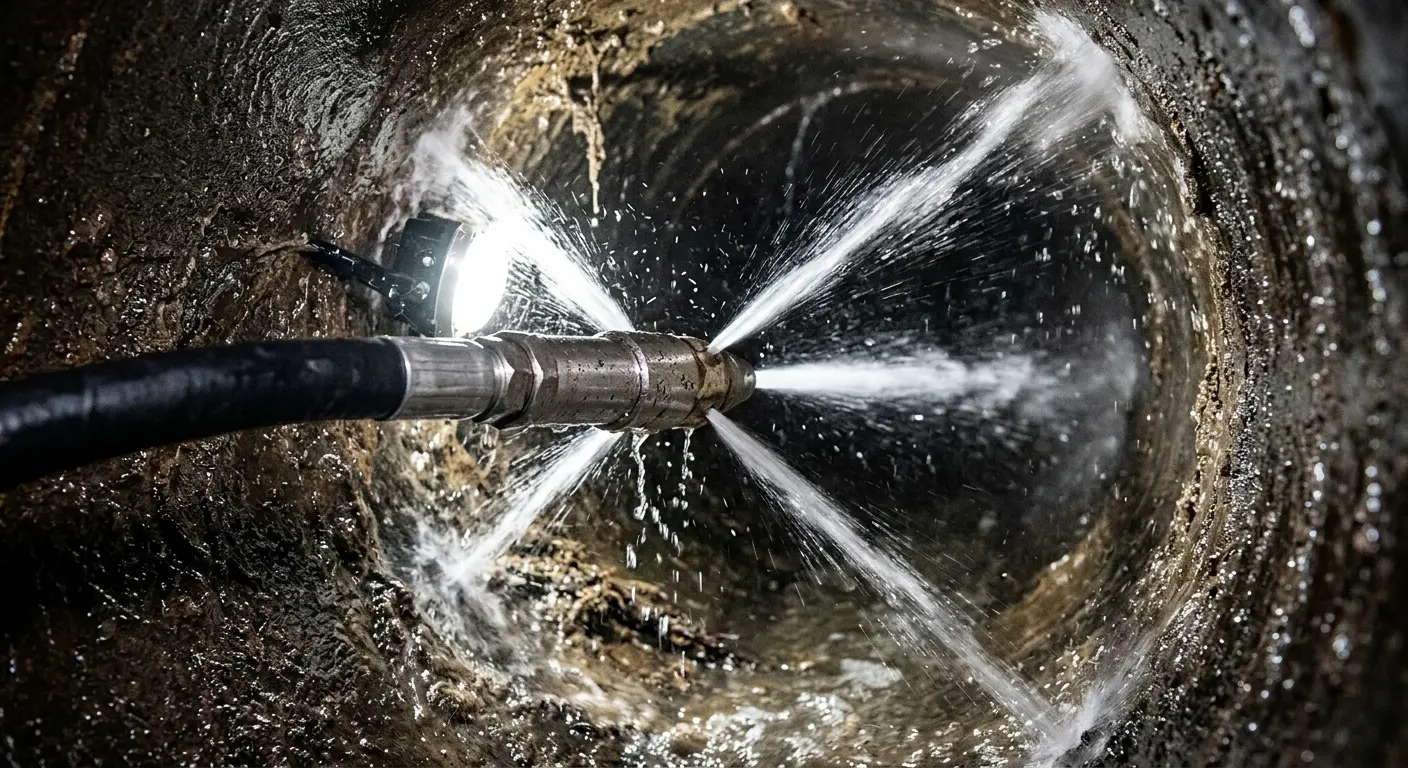 High-pressure hydro jetting nozzle cleaning sewer pipe for Trenchless Sewer Repair in El Campo