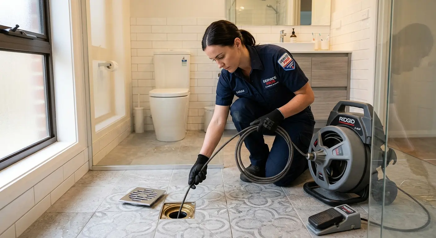 Technician clearing a bathroom floor drain for Clogged Drain Repair in El Campo